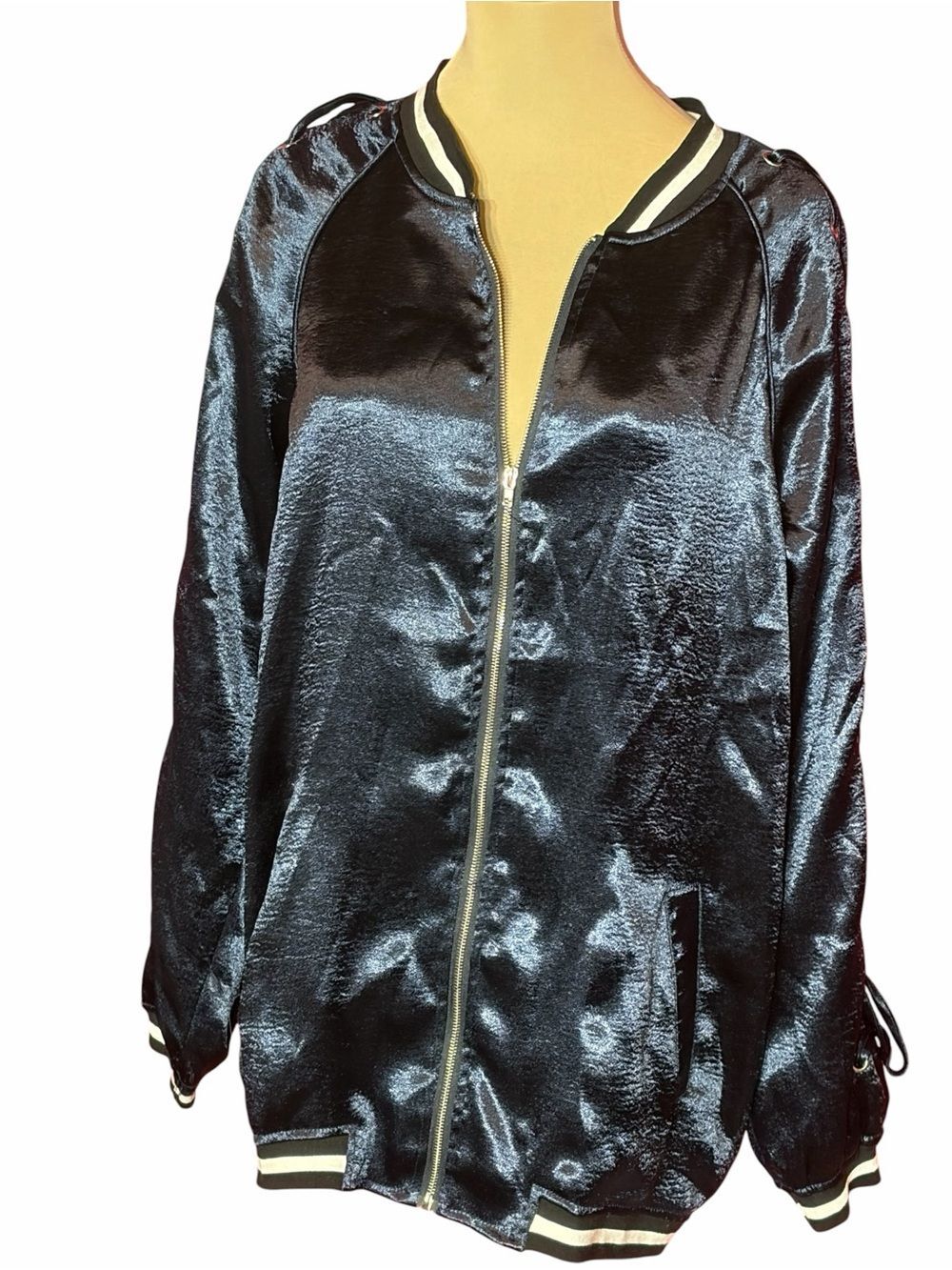 HYFVE Navy Blue Satin Bomber Jacket Striped Trim Zip Front Lightweight Size M